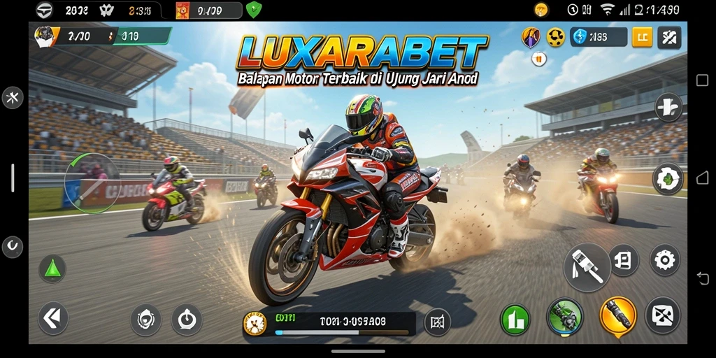Gameplay LUXARABET dengan motor balap di lintasan menantang.