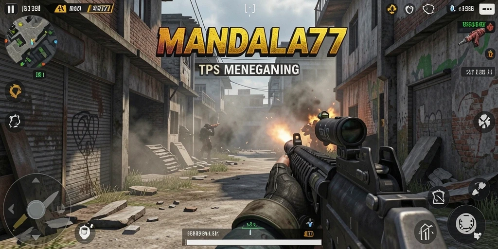 Screenshot gameplay MANDALA77 menampilkan aksi tembak-menembak yang seru.