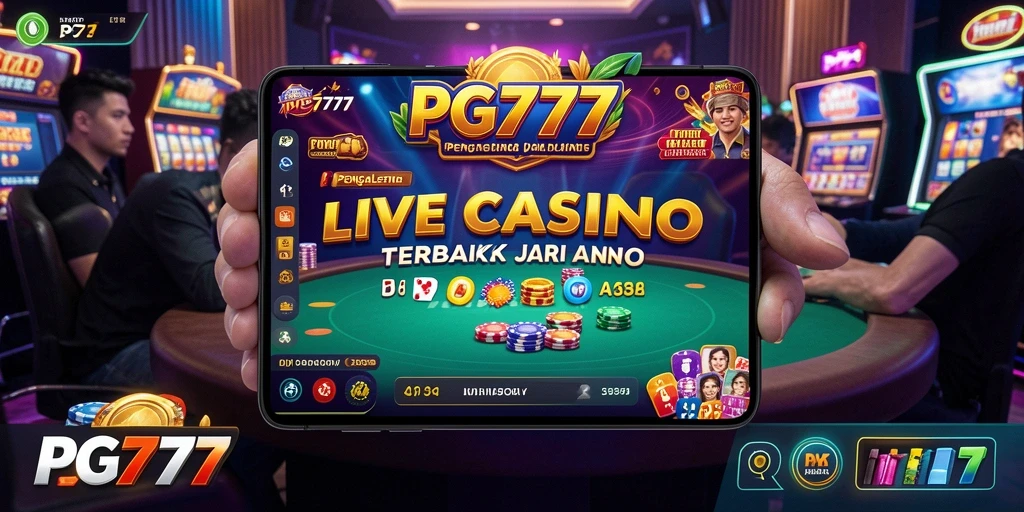 Screenshot PG777 menampilkan dealer profesional dan suasana permainan Live Casino yang mendebarkan.