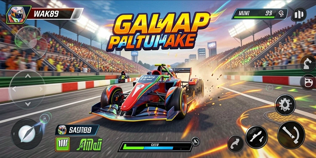 Tampilan gameplay menarik di WAK89 yang menunjukkan aksi balapan yang seru.