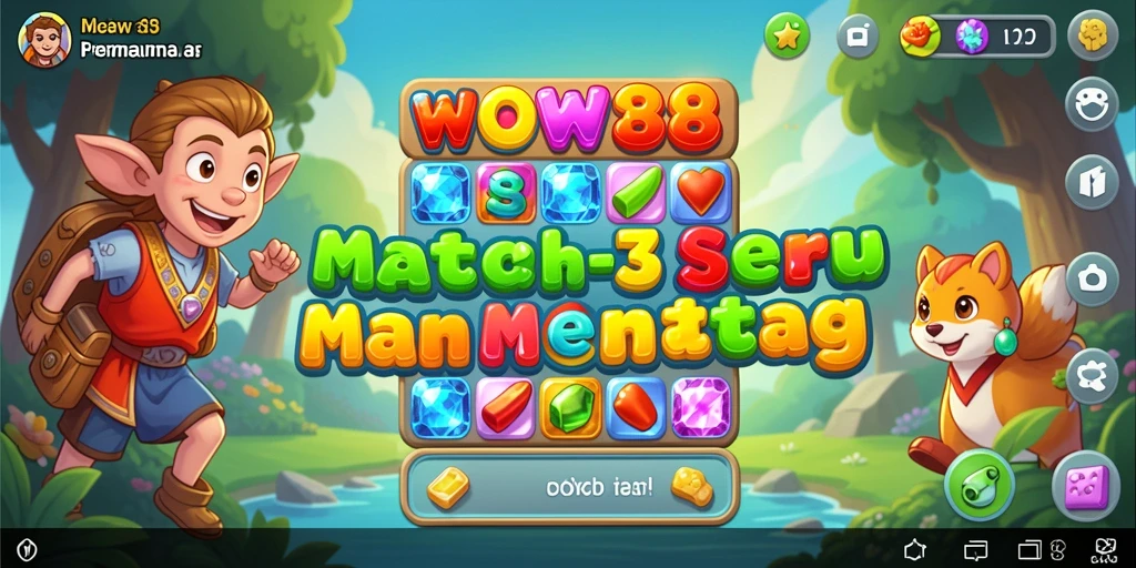 Screenshot utama WOW388 menampilkan gameplay Match-3 yang seru dan penuh warna.